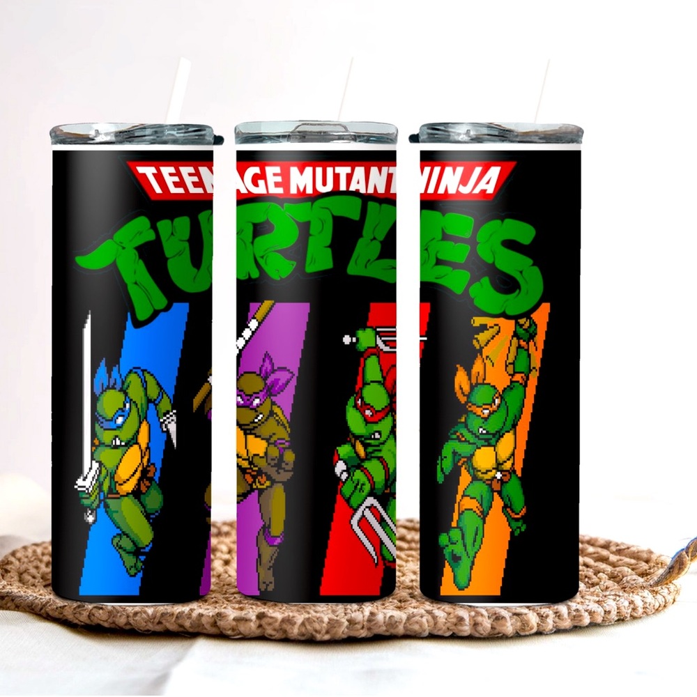 Turtle cartoon inspired 20 oz. stainless steel tumbler with lid and straw